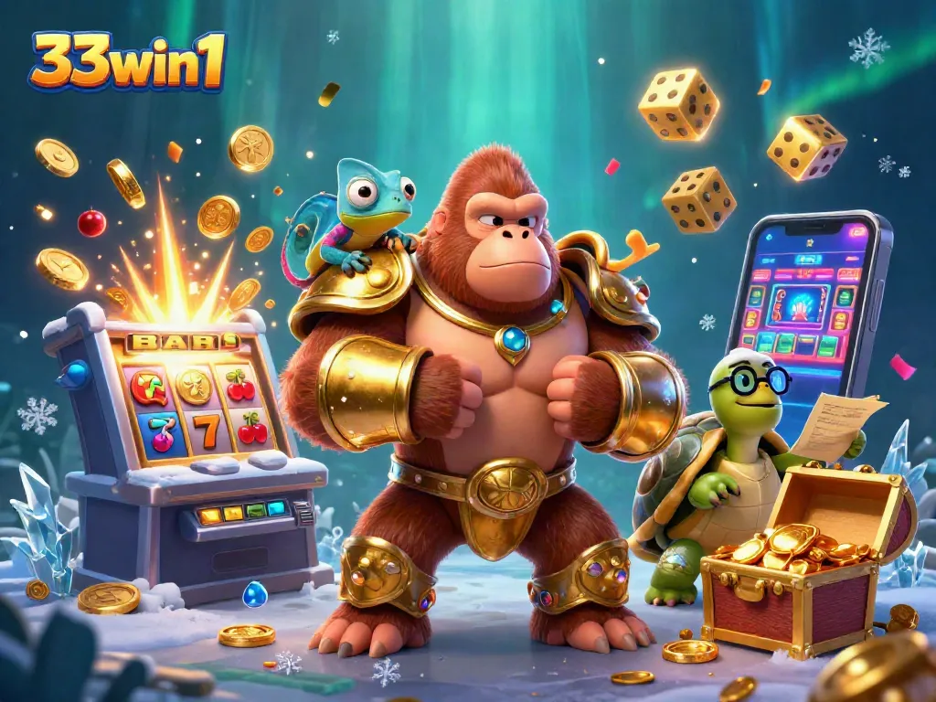 Win big at 33win1 with an exciting illustration showcasing a king gorilla, chameleon, and tortoise amidst casino elements.