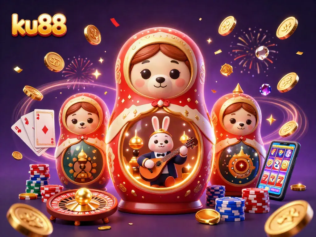 Try your luck at ku88's dynamic 3D casino with vibrant characters and sparkling gems.