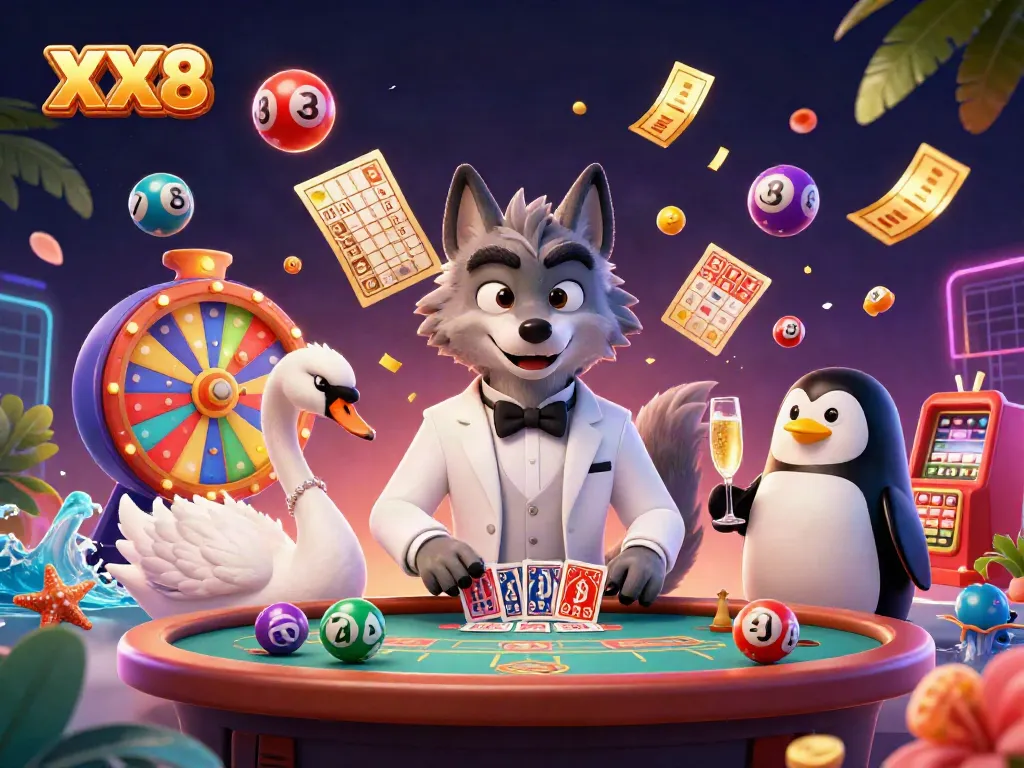 Immerse in the luxurious atmosphere of XX8, featuring a wolf, swan, and penguin in a vibrant casino scene.