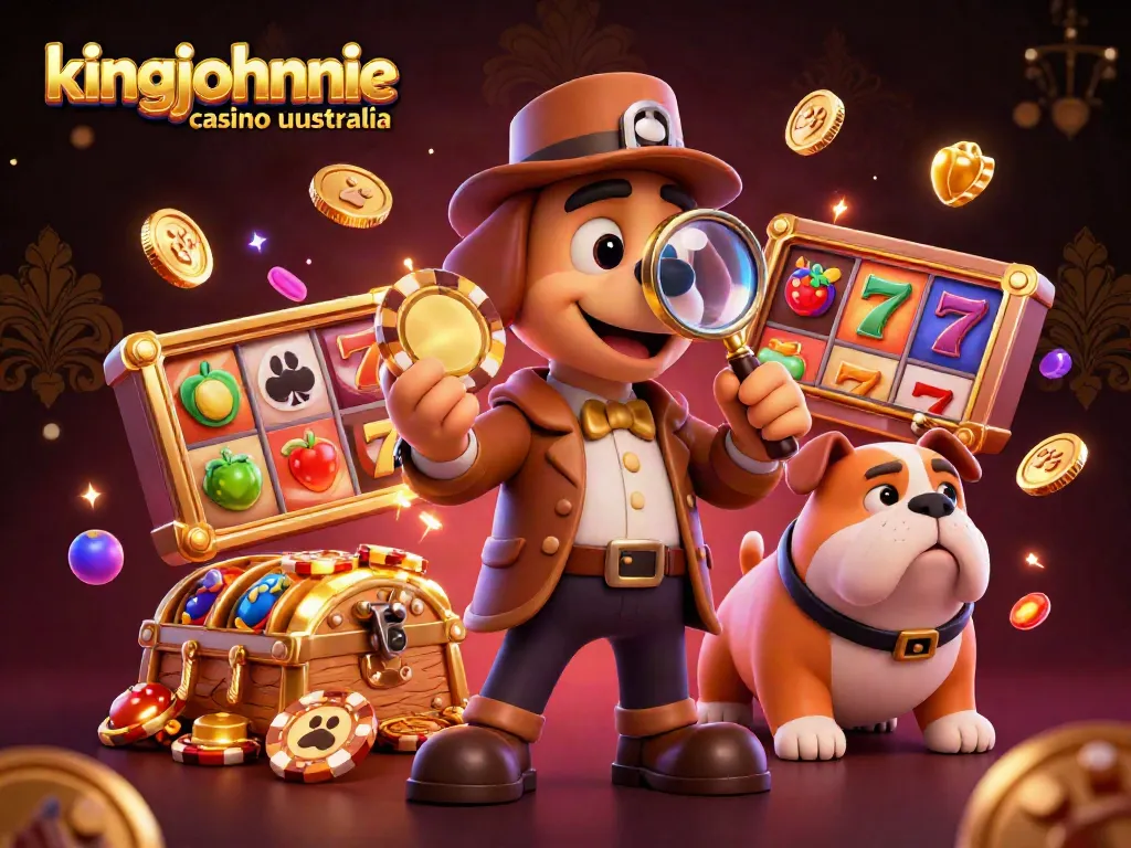Engage with kingjohnnie casino australia in this vibrant 3D illustration showcasing a detective dog discovering poker clues.