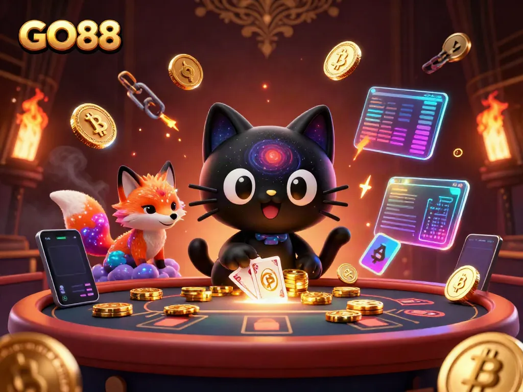 Engage with GO88's cosmic casino featuring a captivating black hole cat drawing in golden chips and cards.